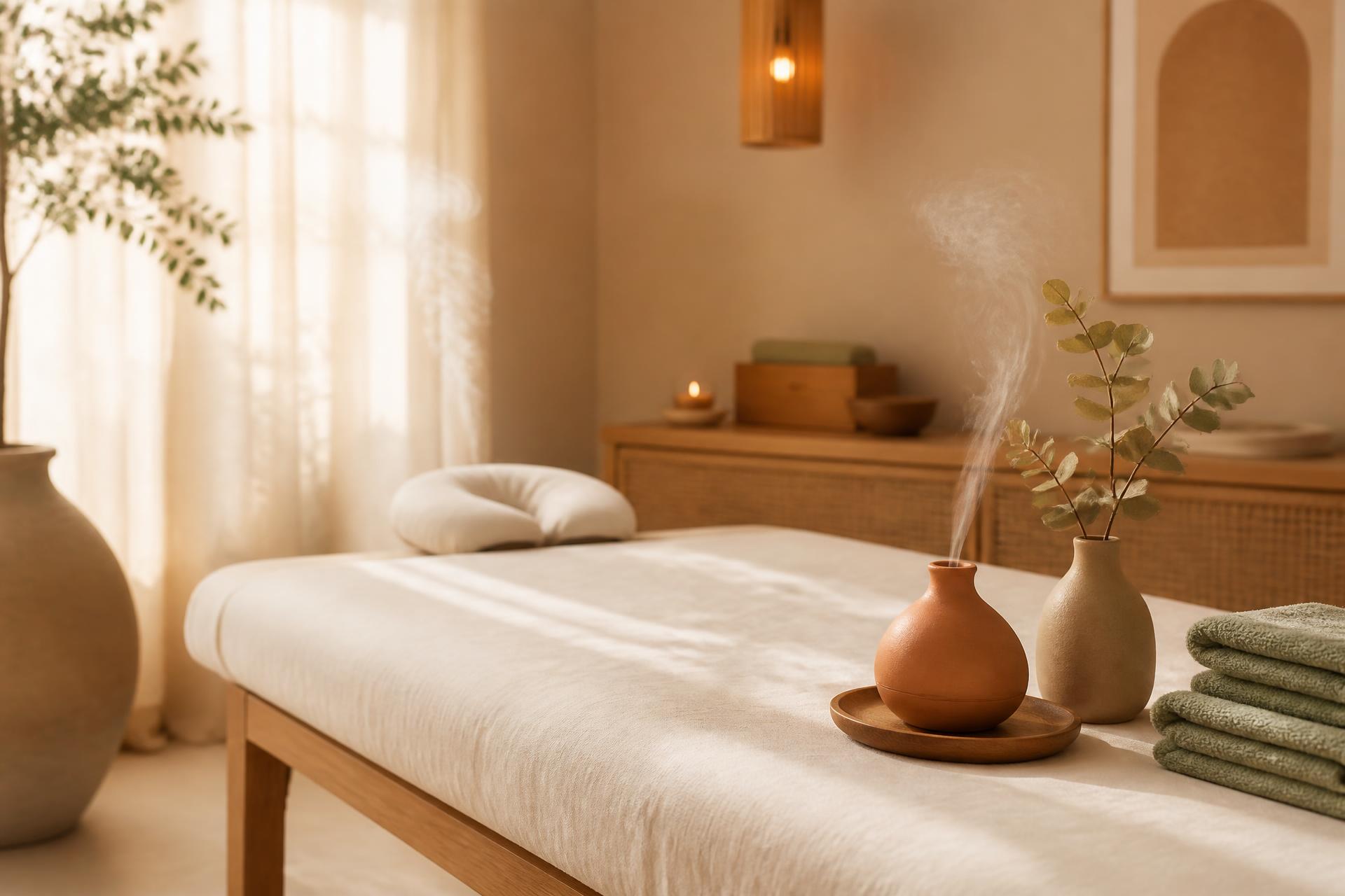 Salon de soin chaleureux avec table de massage en lin, diffuseur en terre cuite et lumière dorée